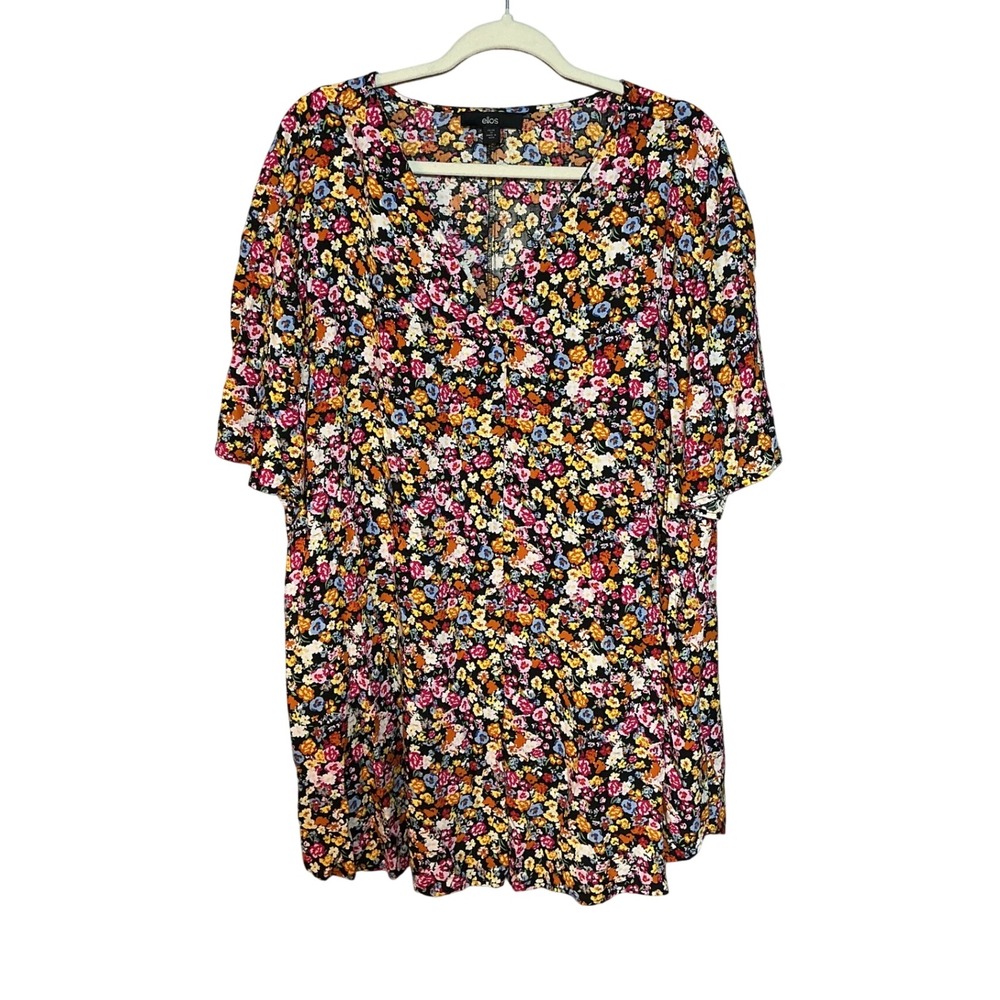 Ellos Women Plus Size 1X Floral V-Neck Short Sleeve Blouse Multicolor Tunic Top